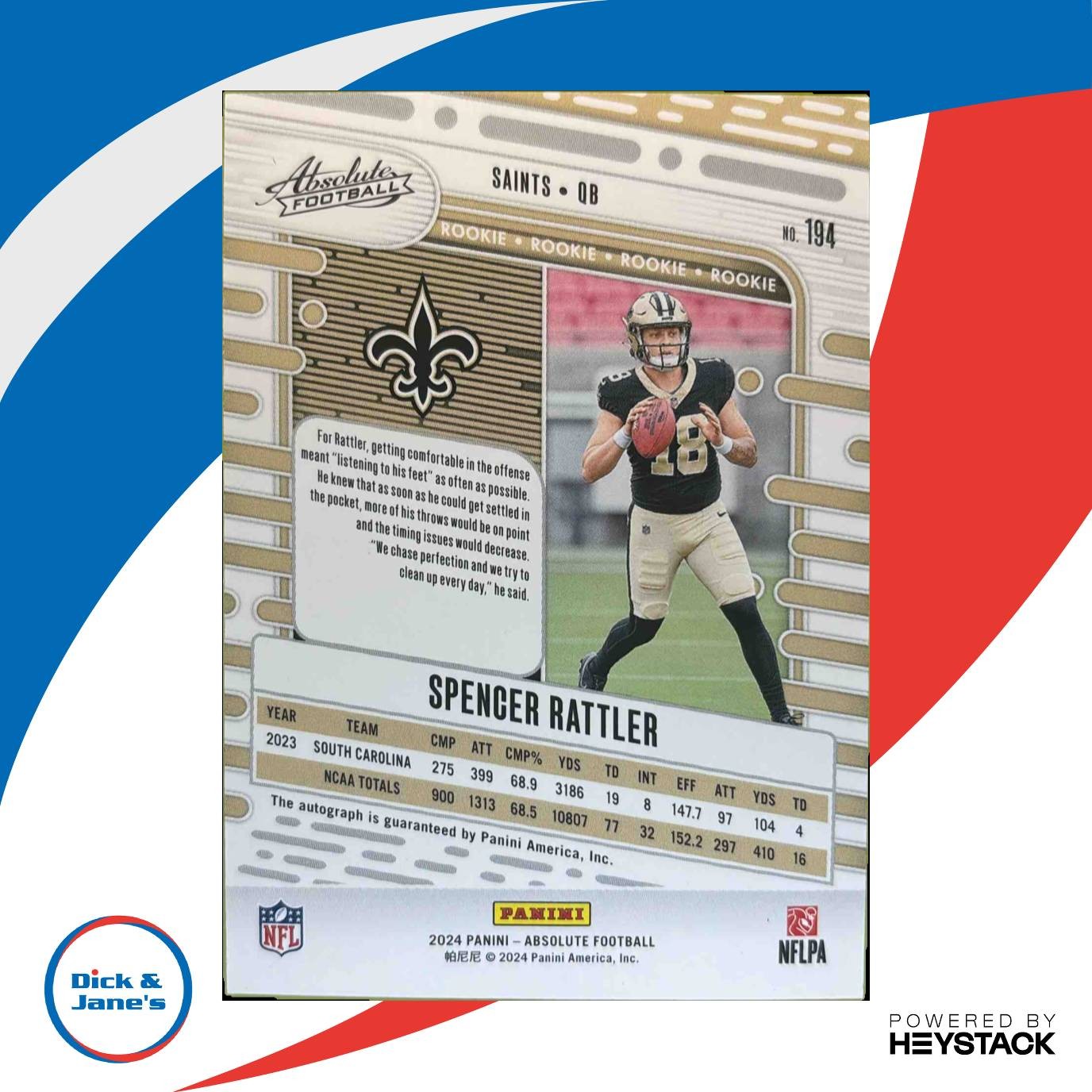 2024 Absolute Spencer Rattler Signature Rookies Spectrum 146/299 Auto RC Saints