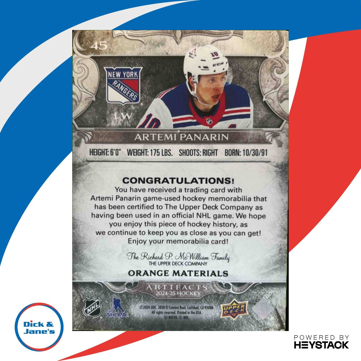 2024-25 Upper Deck Artifacts Artemi Panarin Material Orange 11/15 NY Rangers