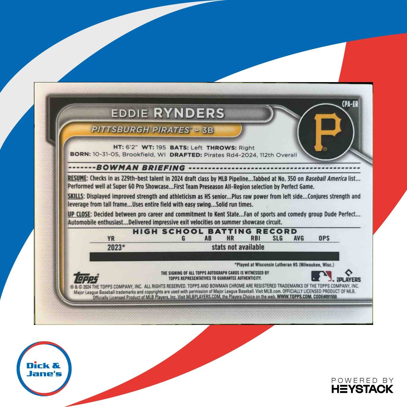 2024 Bowman Draft Eddie Rynders Chrome Auto 1st Prospect Pittsburgh Pirates