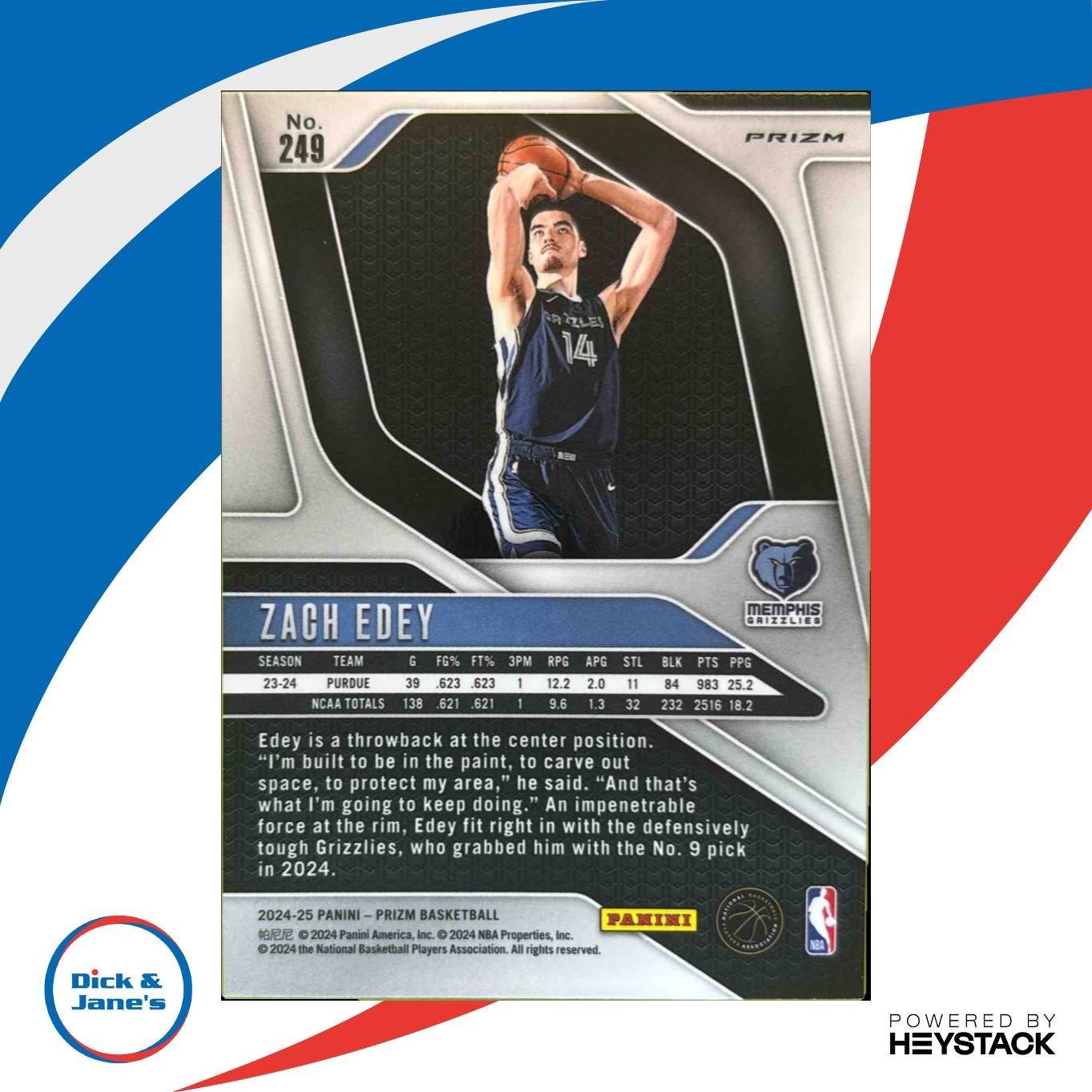 2024-25 Panini Prizm Zach Edey Silver #249 RC Memphis Grizzlies Rookie Card