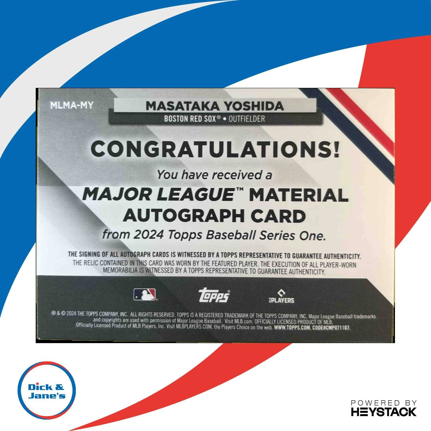 2024 Topps Masataka Yoshida Major League Material Auto Relic /50 Boston Red Sox