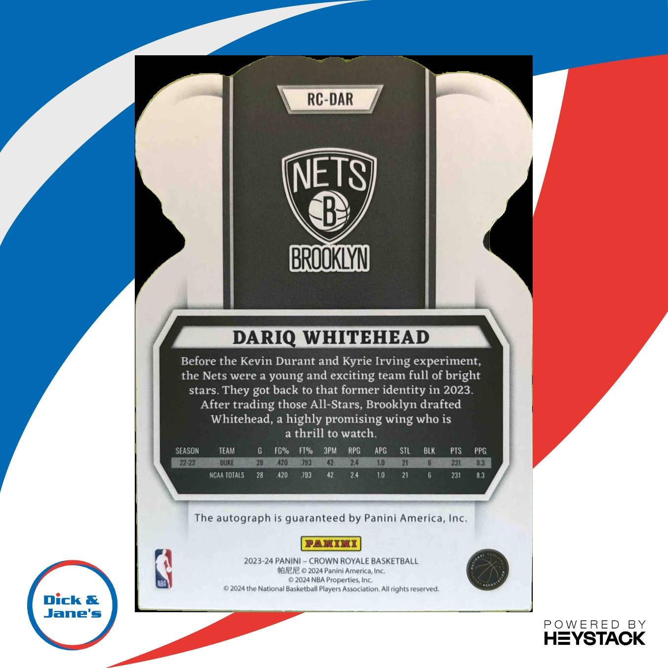 2023-24 Crown Royale Dariq Whitehead Rookie Auto International Gold 2/8 Rookie