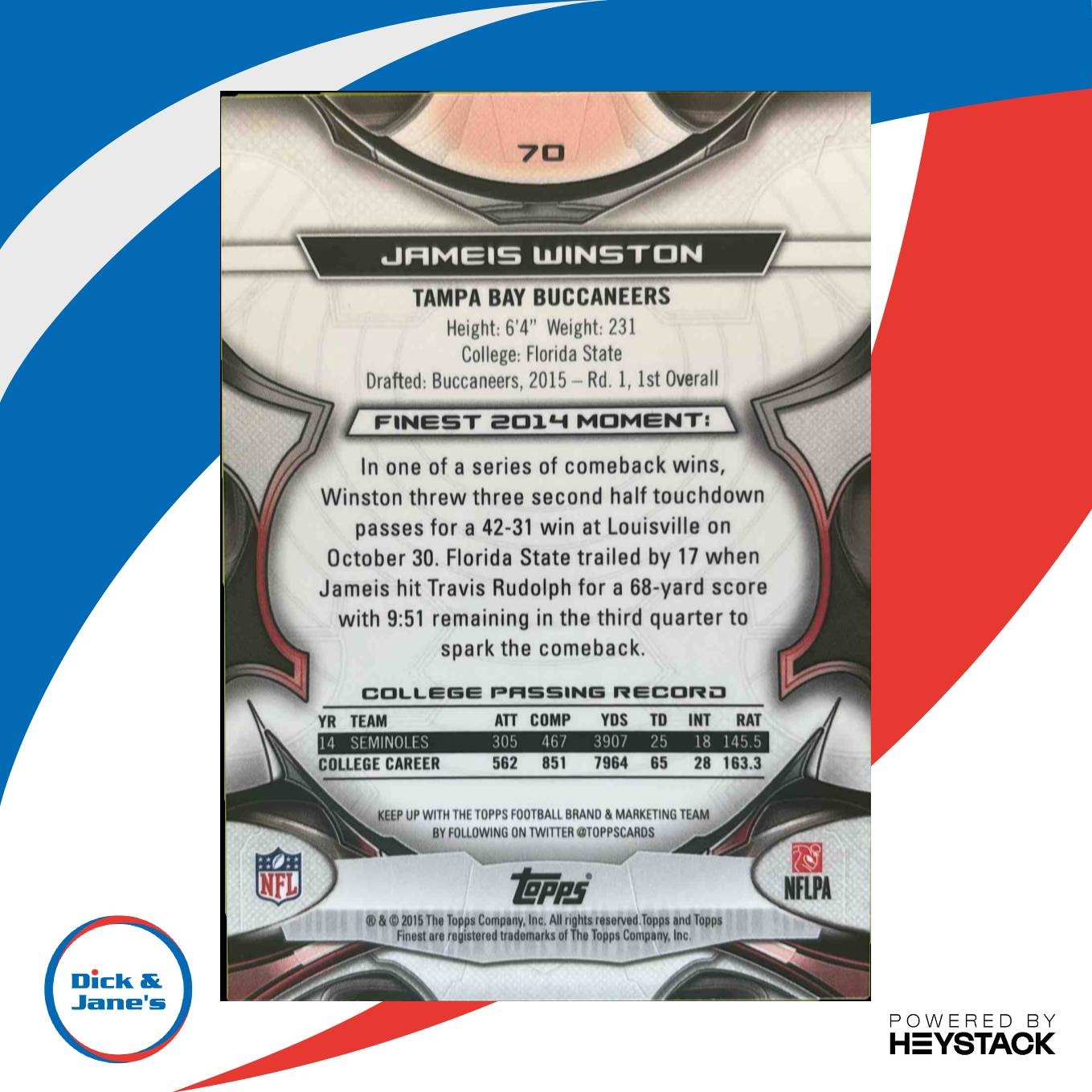 2015 Topps Finest #70 Jameis Winston Refractor RC Tampa Bay Buccaneers Rookie