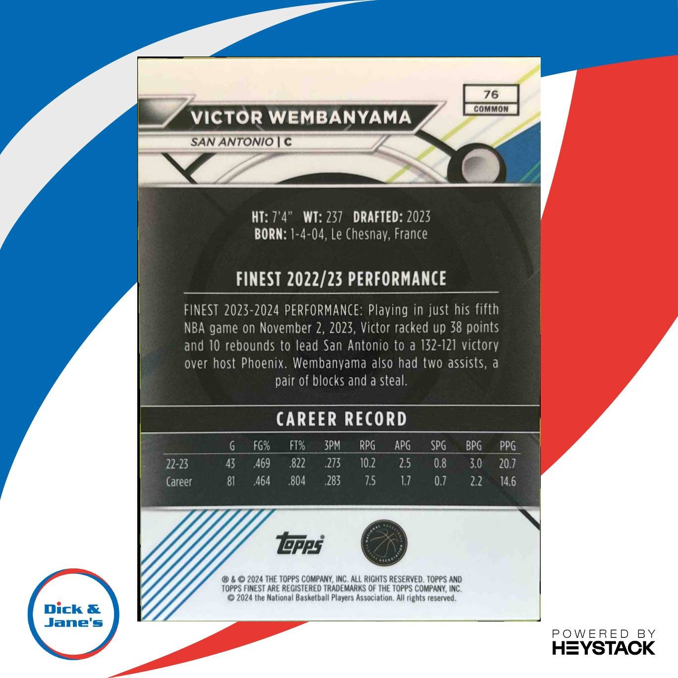 2023-24 Topps Finest Victor Wembanyama #76 Common RC San Antonio Spurs
