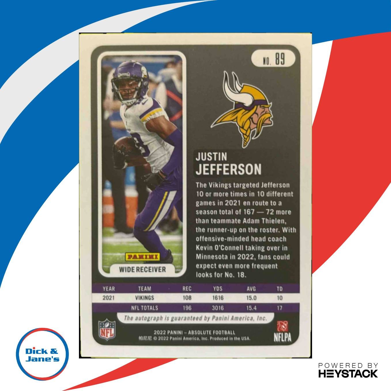 2022 Panini Absolute Justin Jefferson Signatures #89 Auto Minnesota Vikings