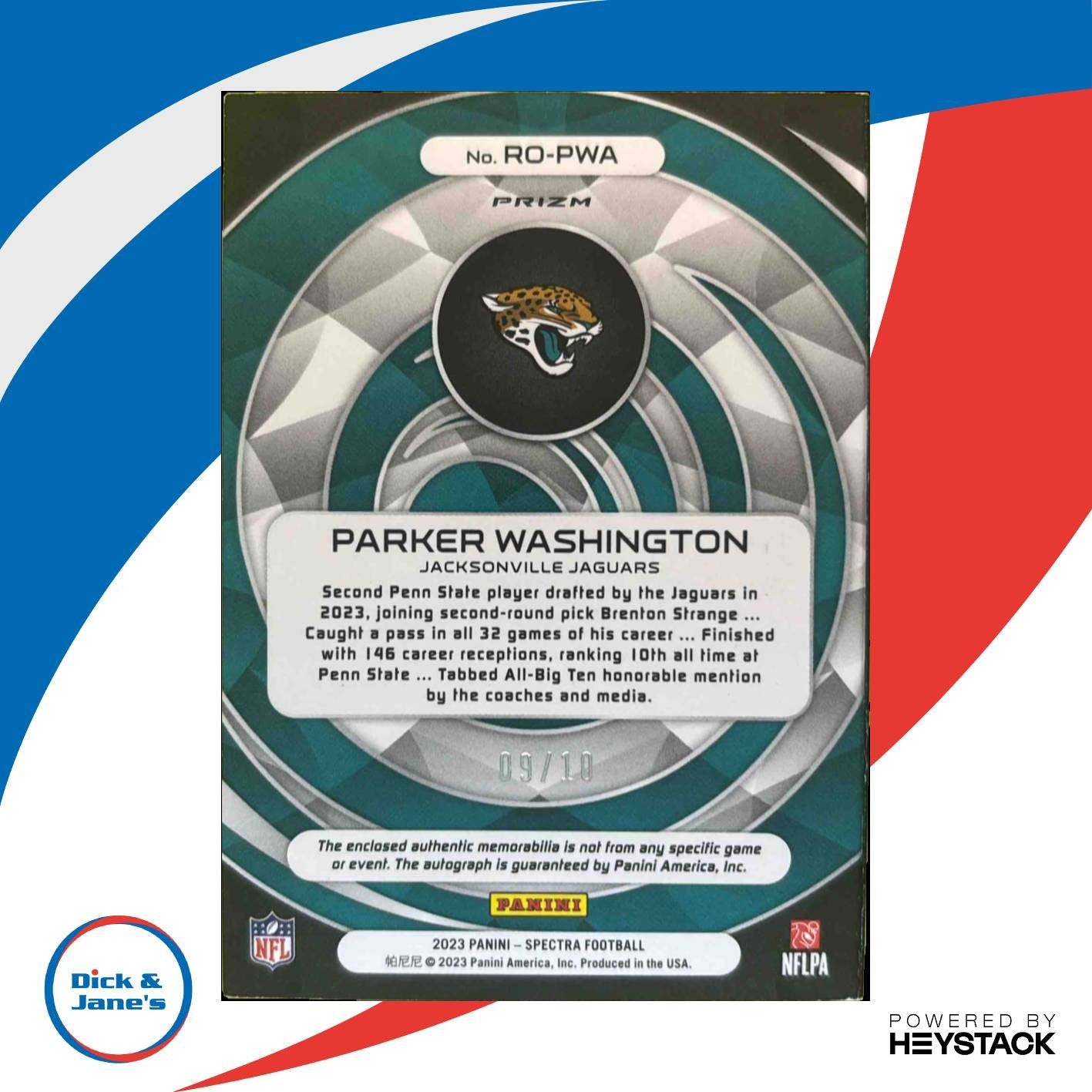 2023 Spectra Parker Washington Rookie Optics Universal 9/10 Patch Auto Jaguars