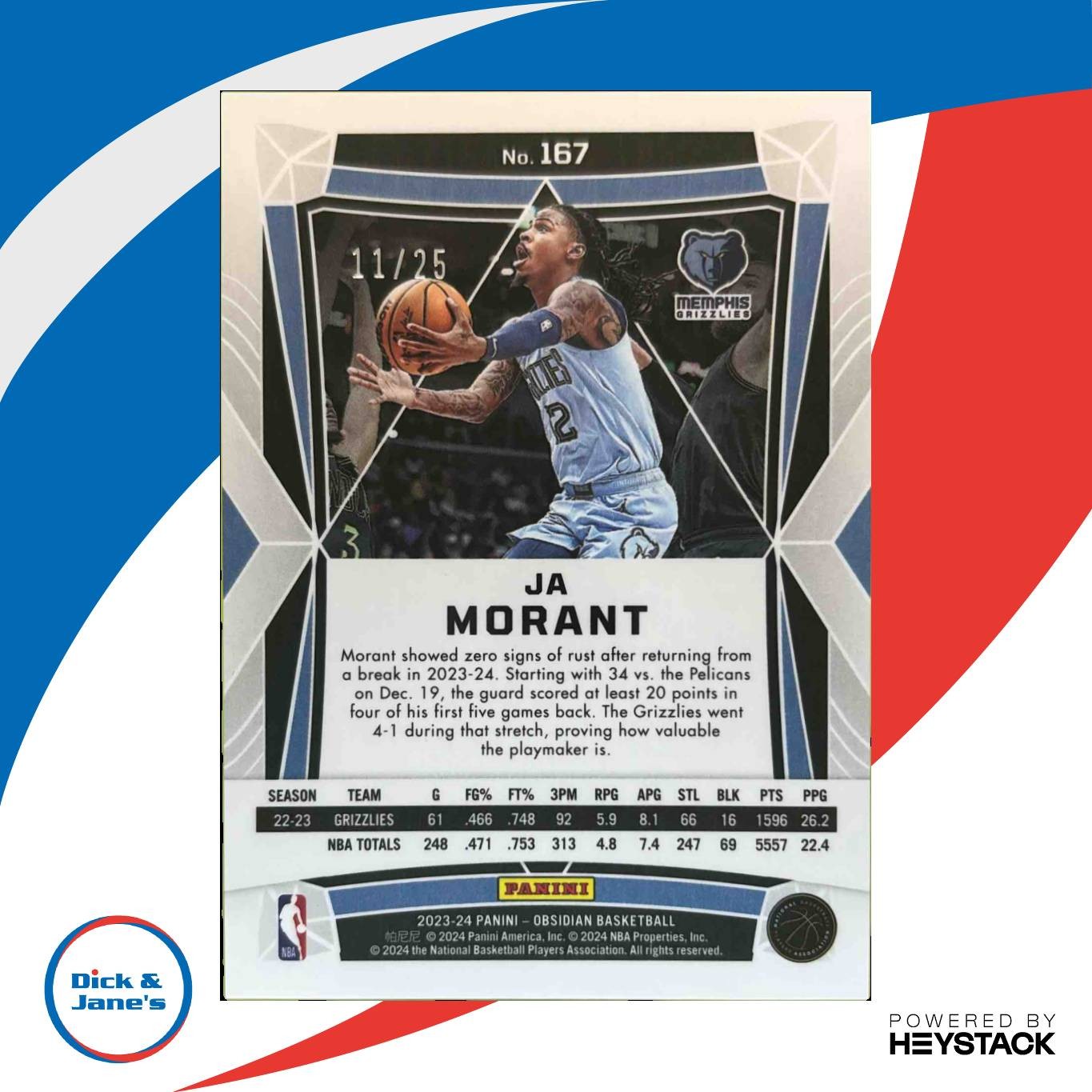2023-24 Obsidian Ja Morant Electric Etch Green Flood 11/25 167 Memphis Grizzlies