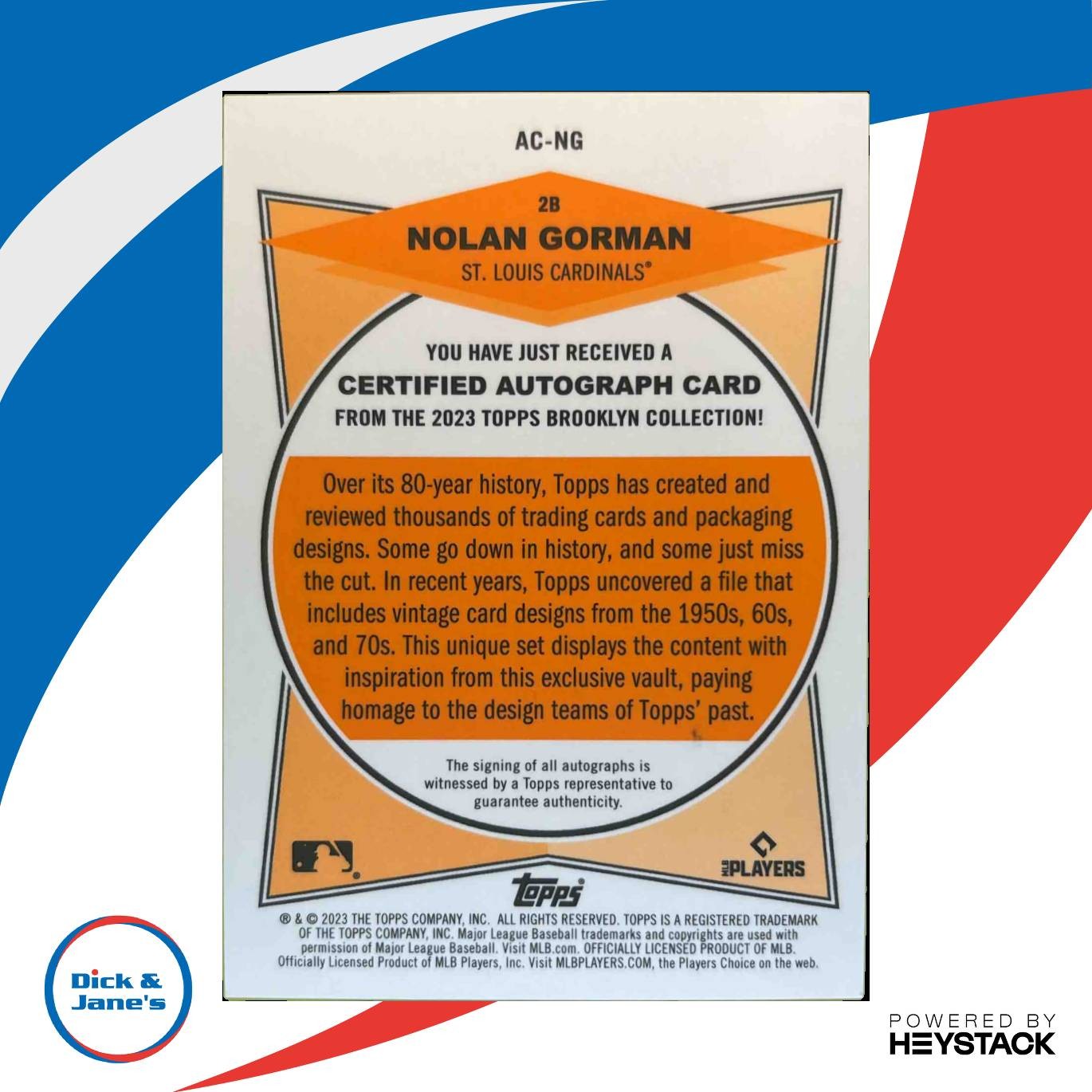 2023 Topps Brooklyn Collection #AC-NG Nolan Gorman Auto Gold 17/50 RC Cardinals