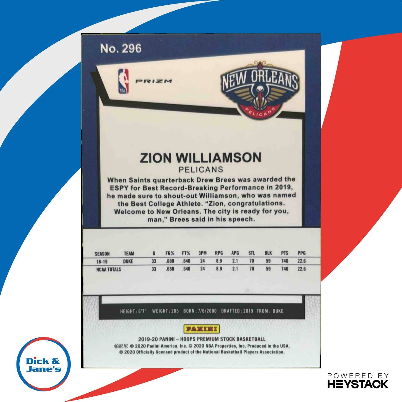 2019-20 Hoops Premium Stock Zion Williamson Prizms Pulsar #296 RC New Orleans