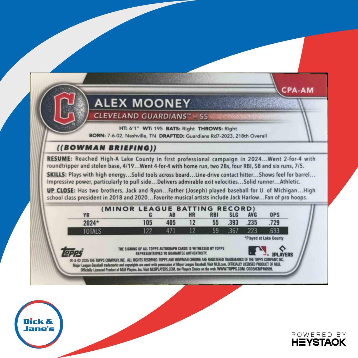 2025 Bowman Alex Mooney Chrome Auto Speckle Refractor 89/299 1st Prospect CLEV