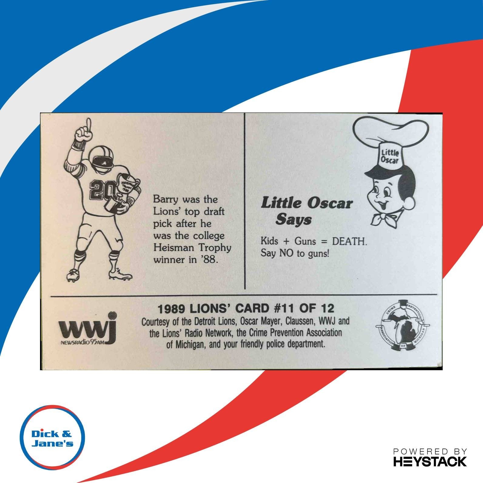 1989 Lions Police Oscar Mayer Barry Sanders RC #11 Detriot Lions Rookie Card - Sports Cards