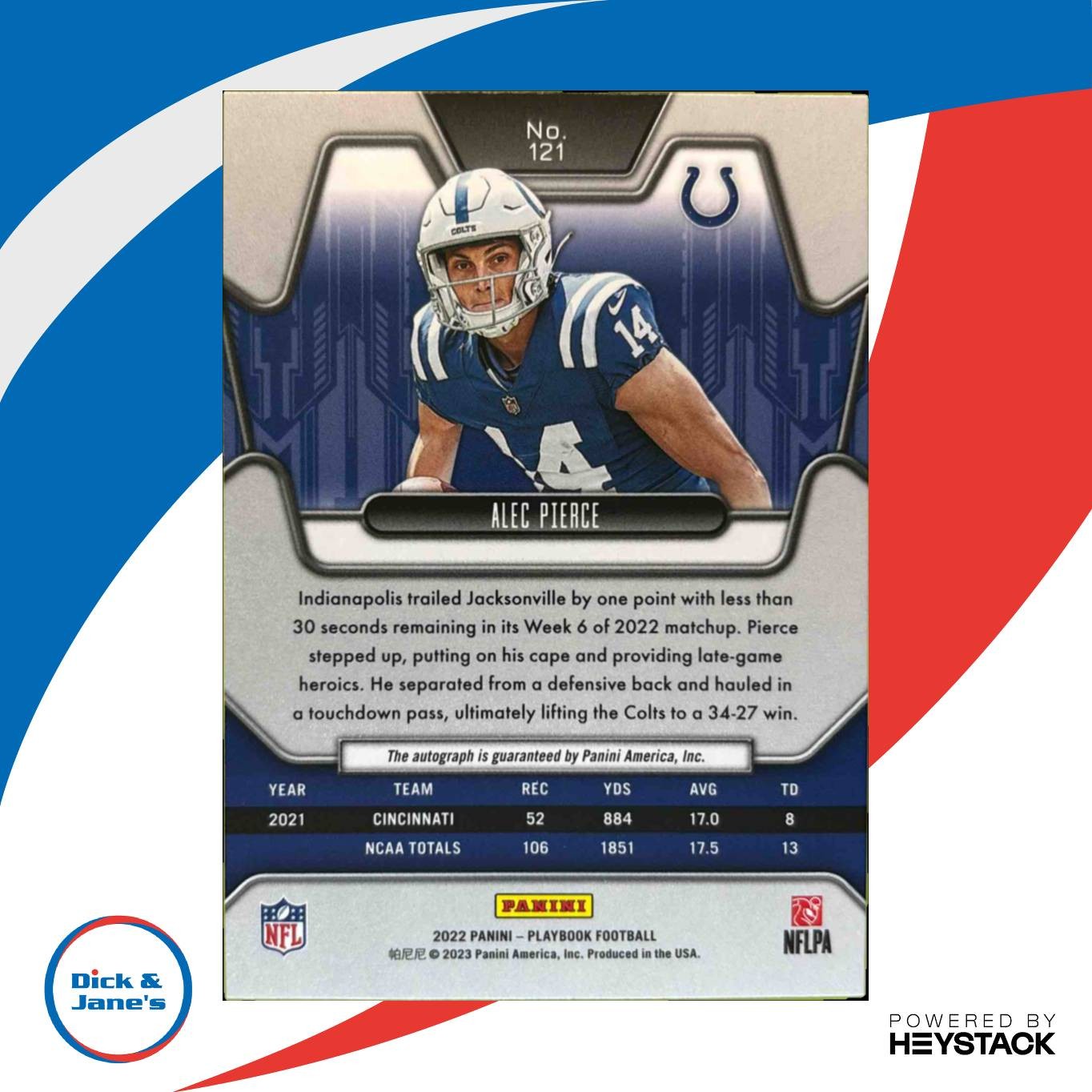 2022 Panini Playbook Alec Pierce Signatures Platinum 15/25 #121 RC Auto Colts - Sports Cards