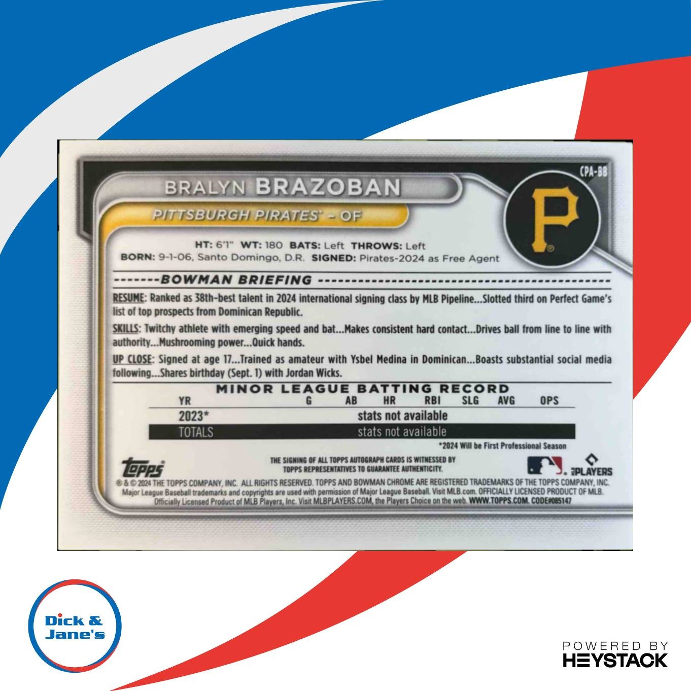 2024 Bowman Chrome Bralyn Brazoban Auto Reptilian Blue Refractor 6/150 1st Pros - Sports Cards