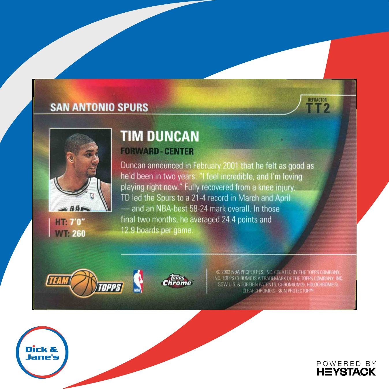 2001-02 Topps Chrome Tim Duncan Team Refractor #TT2 San Antonio Spurs - Sports Cards