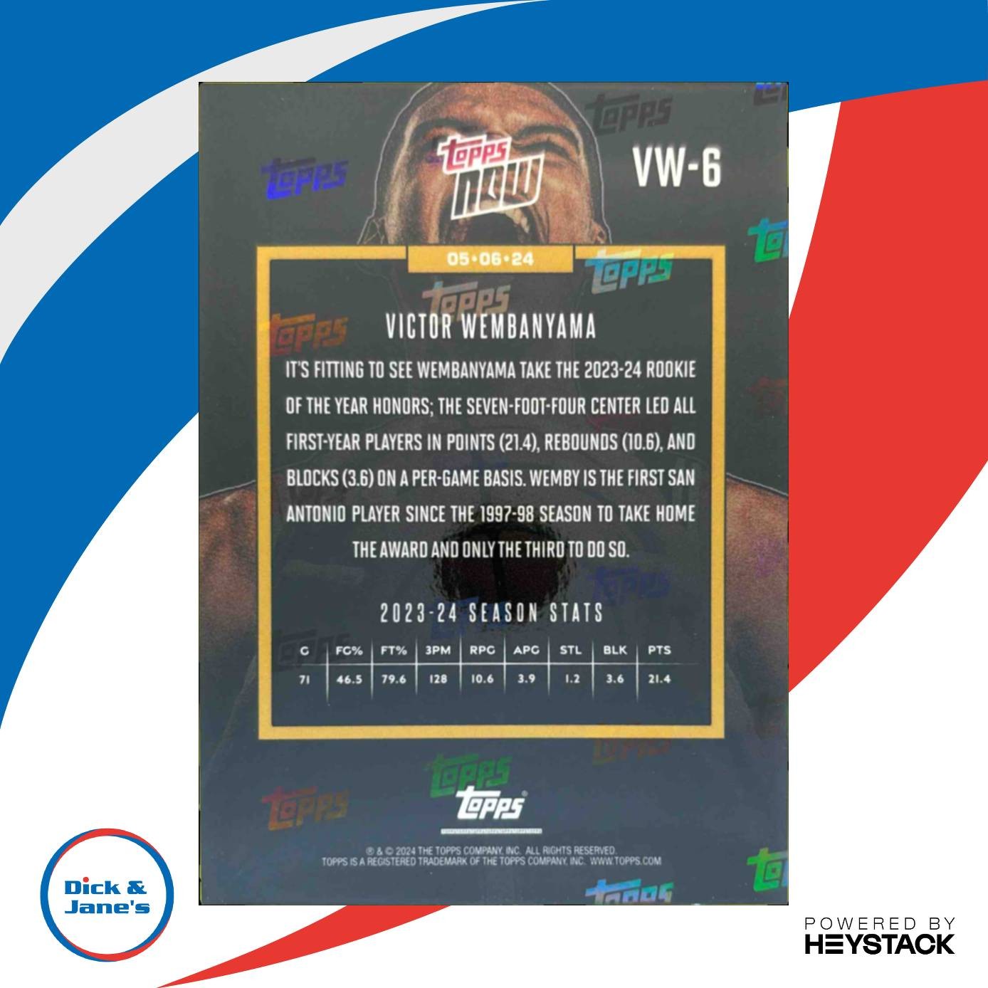 2023-24 Topps Now Victor Wembanyama #VW-6 RC San Antonio Spurs Rookie Card - Sports Cards