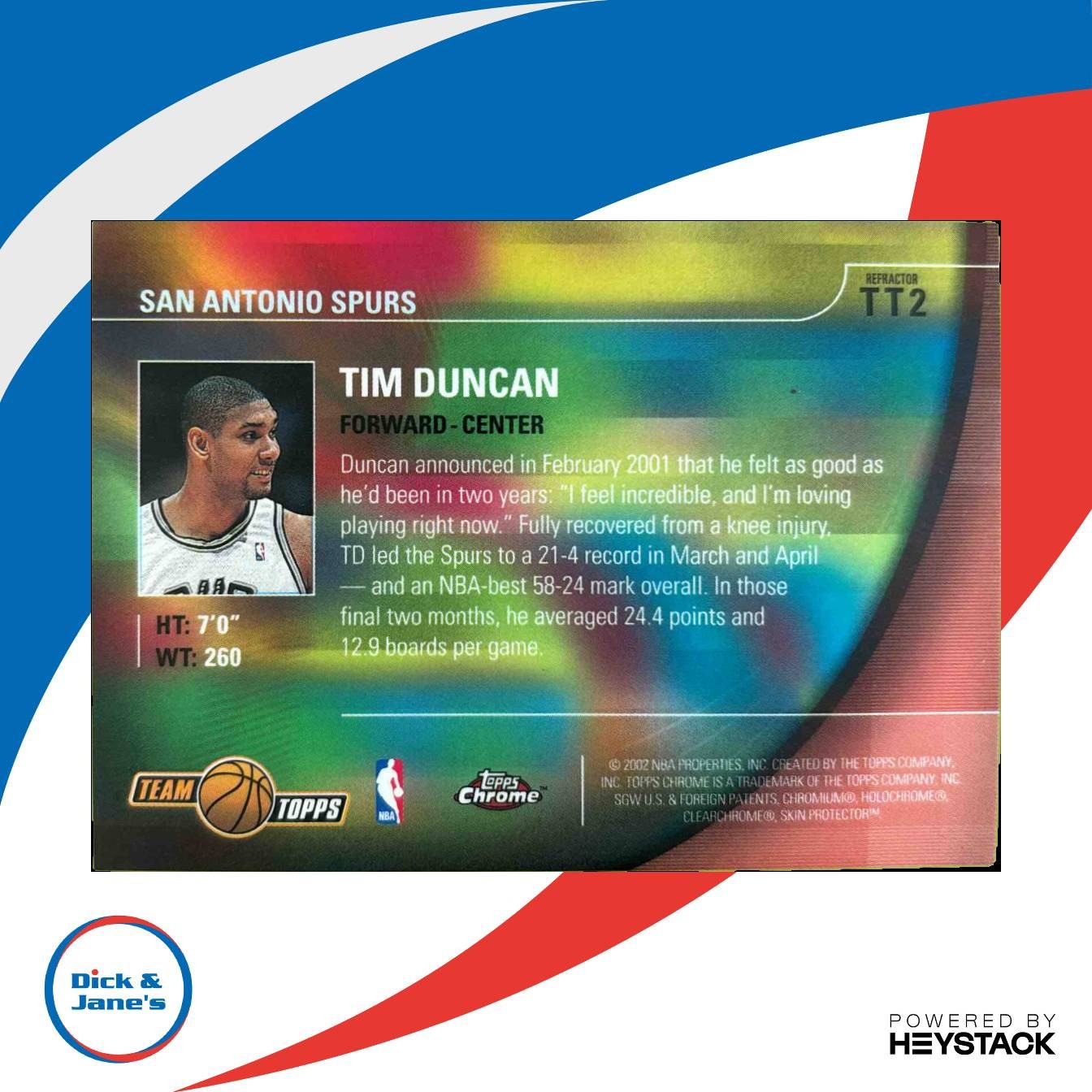 2001-02 Topps Chrome Tim Duncan Team Refractor #TT2 San Antonio Spurs - Sports Cards