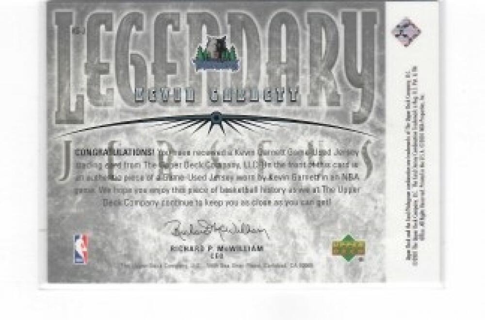 2001-02 Upper Deck Legends Legendary Jerseys #KG-J Kevin Garnett - Minnesota Tim - Sports Cards