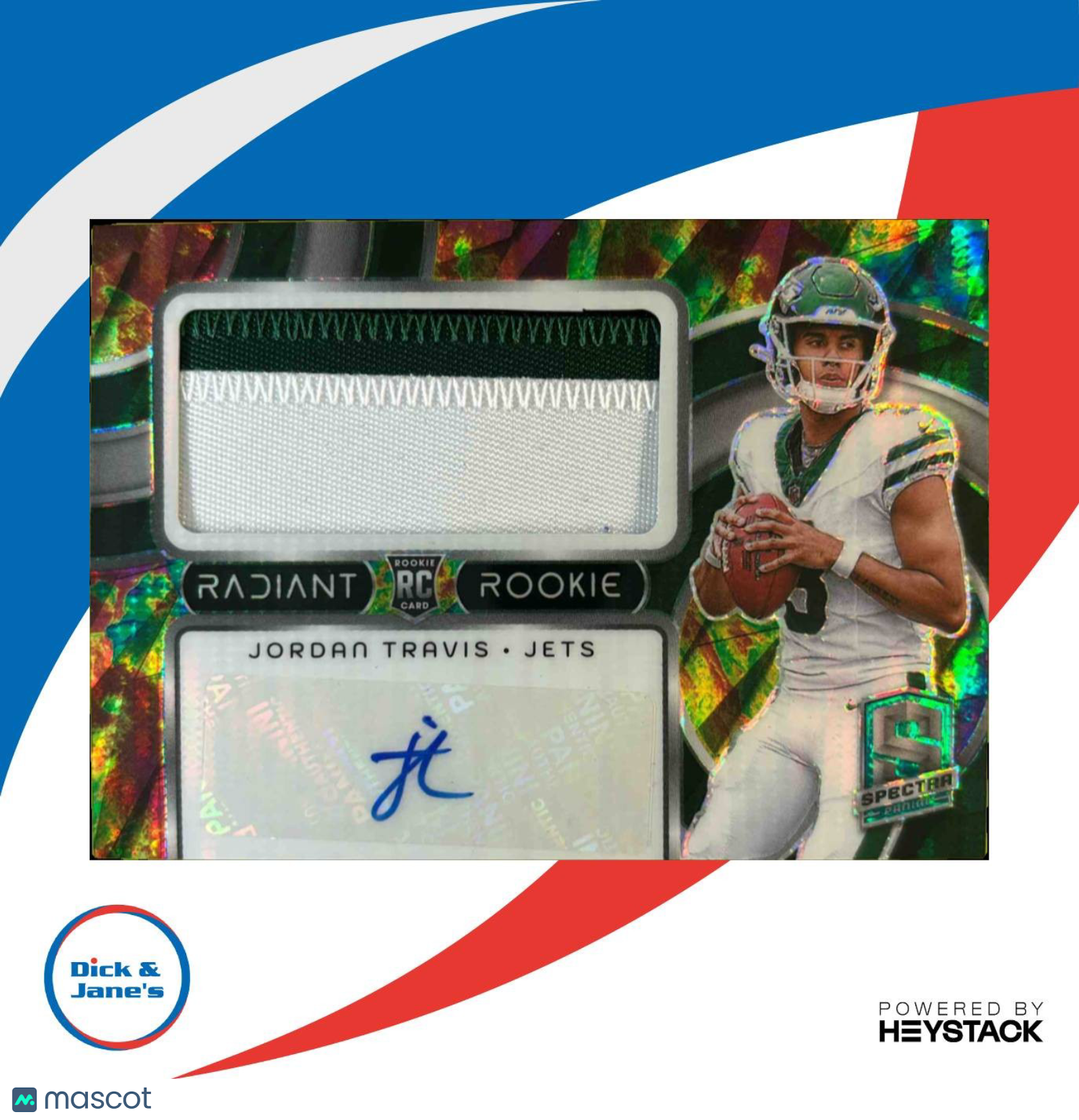 2024 Spectra Jordan Travis Radiant Rookie Patch Signatures Celestial /75 AU Jets