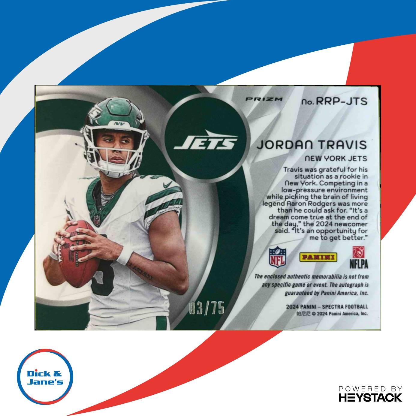 2024 Spectra Jordan Travis Radiant Rookie Patch Signatures Celestial /75 AU Jets
