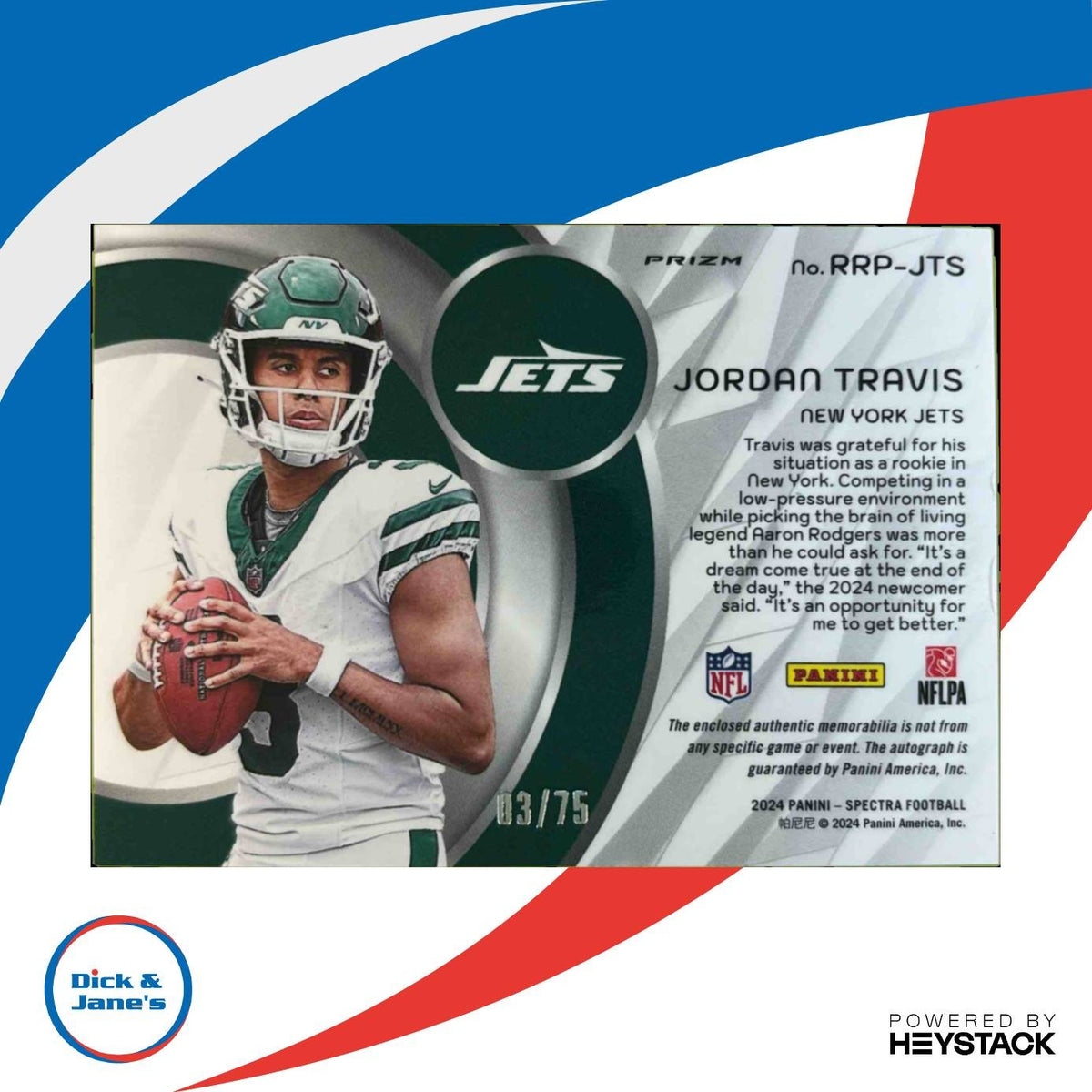 2024 Spectra Jordan Travis Radiant Rookie Patch Signatures Celestial /75 AU Jets