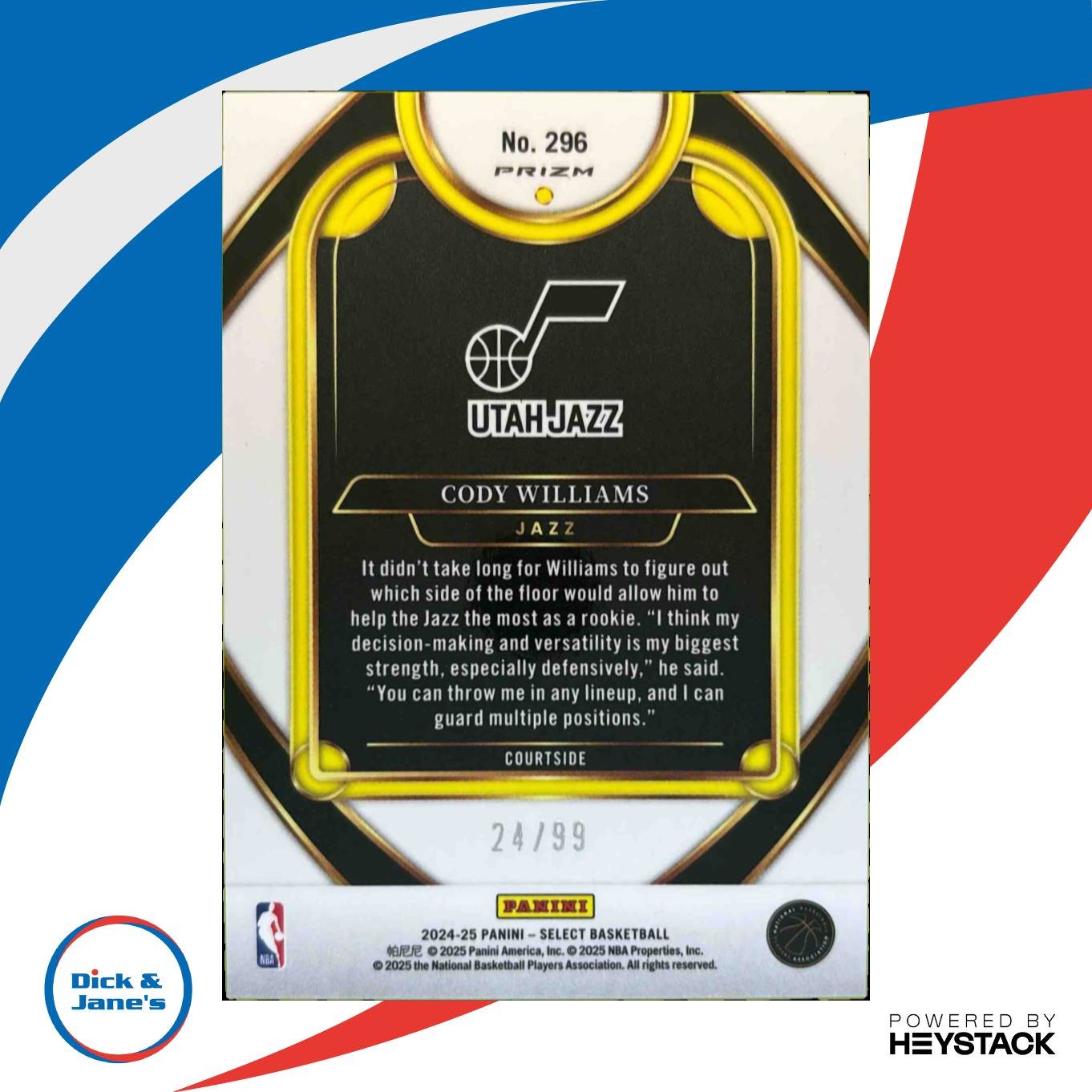 2024-25 Select Cody Williams Purple Cracked Ice Prizm 24/99 #296 RC Utah Jazz - Sports Cards