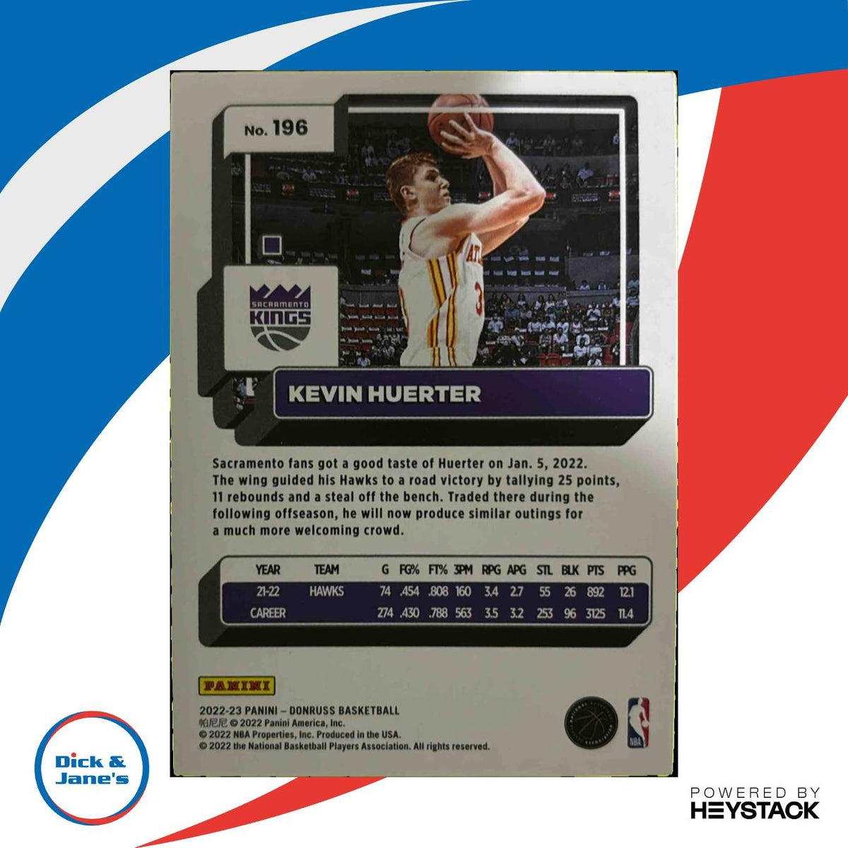 2022-23 Panini Donruss Kevin Huerter Holo Laser Green #196 Sacramento Kings