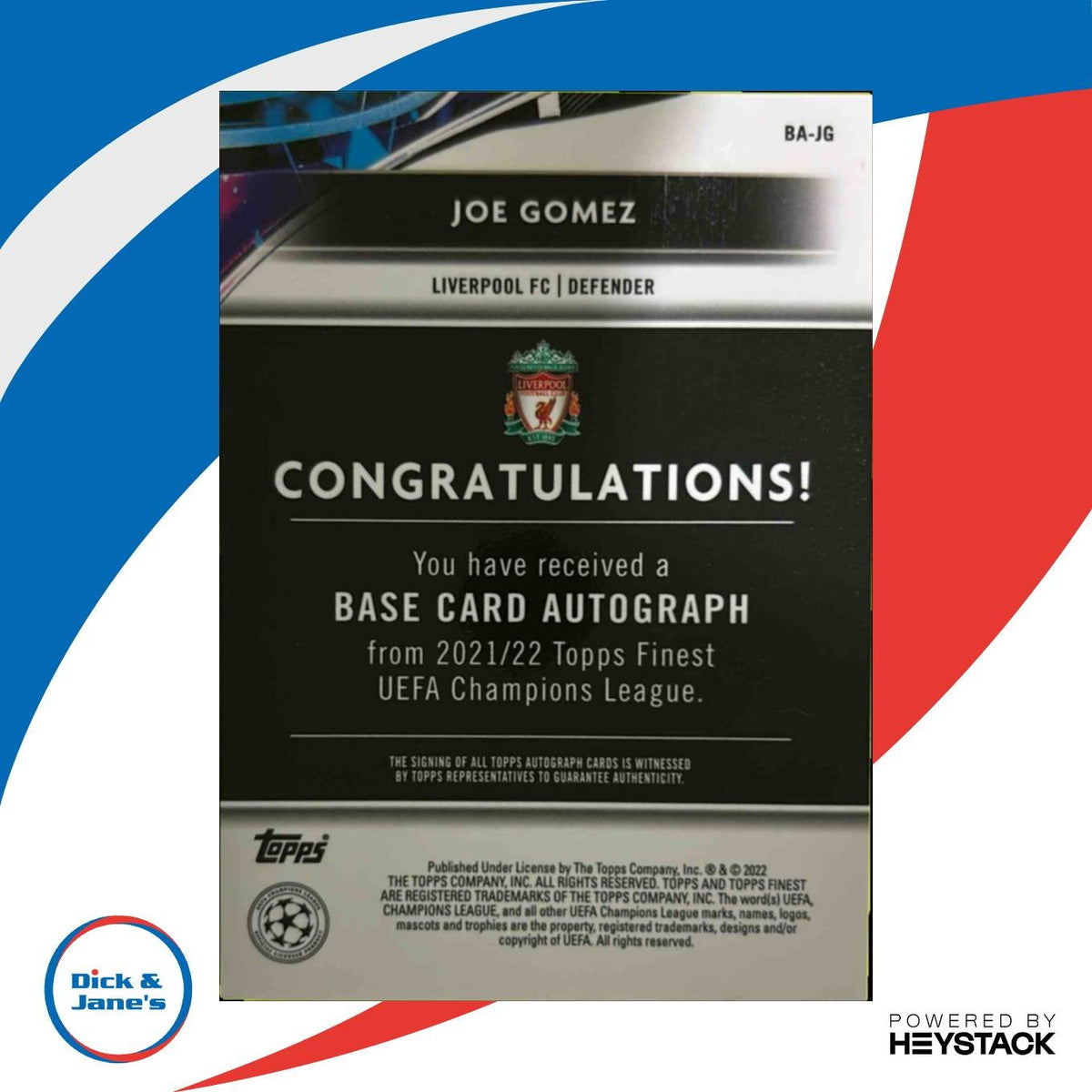 2021 Topps Finest UEFA Champions League Joe Gomez Auto #BA-JG