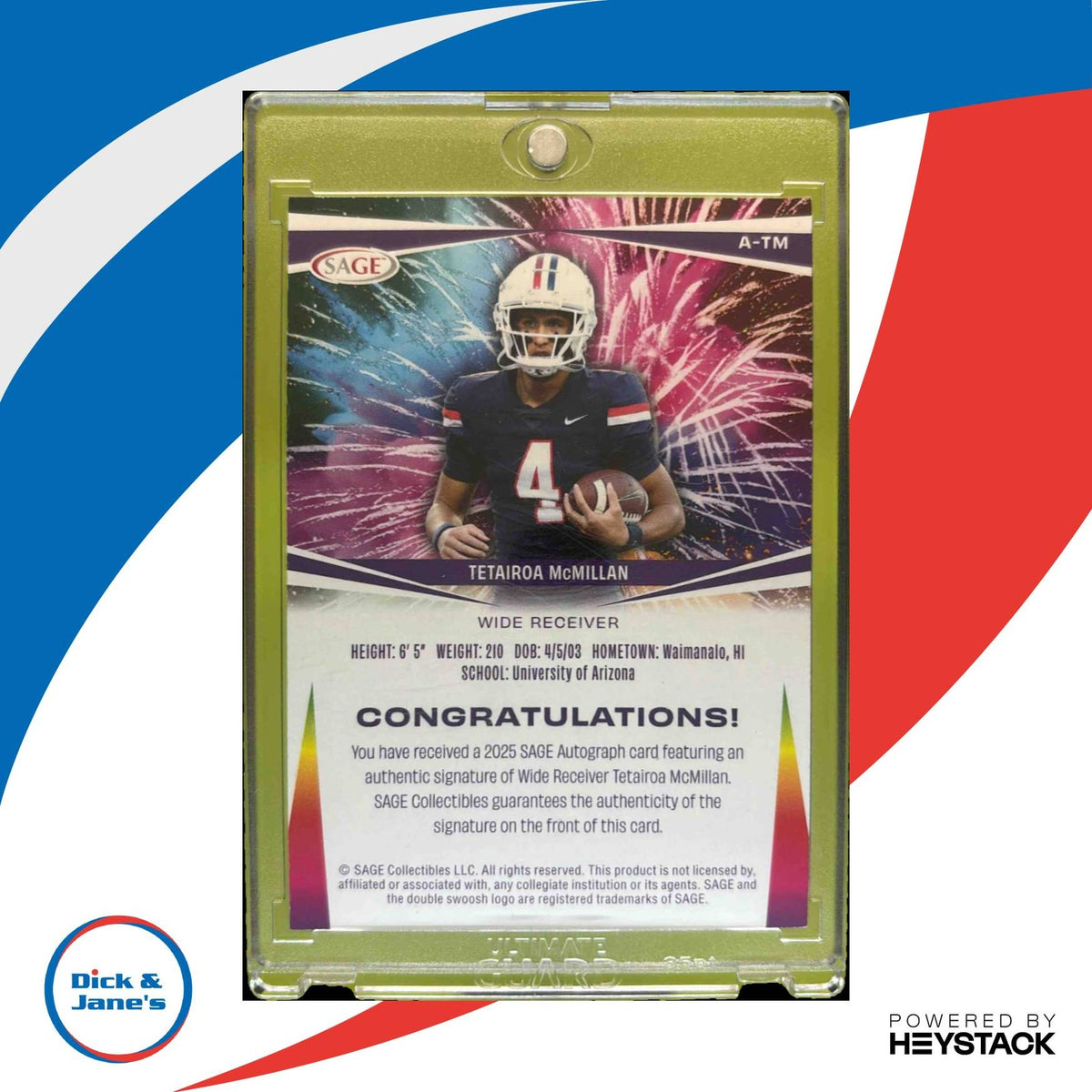 2025 SAGE HIT Tetairoa McMillan Signatures Fireworks A-TM Auto Arizona Wildcats