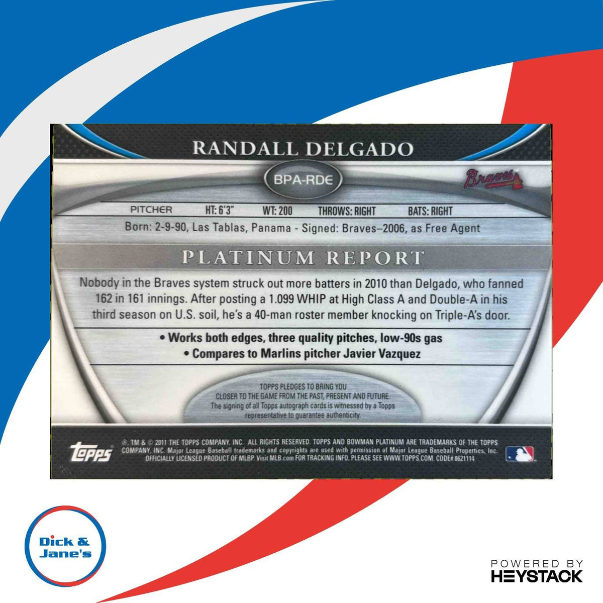 2011 Bowman Platinum Randall Delgado Prospect Auto Green Refractor/399 RC Braves