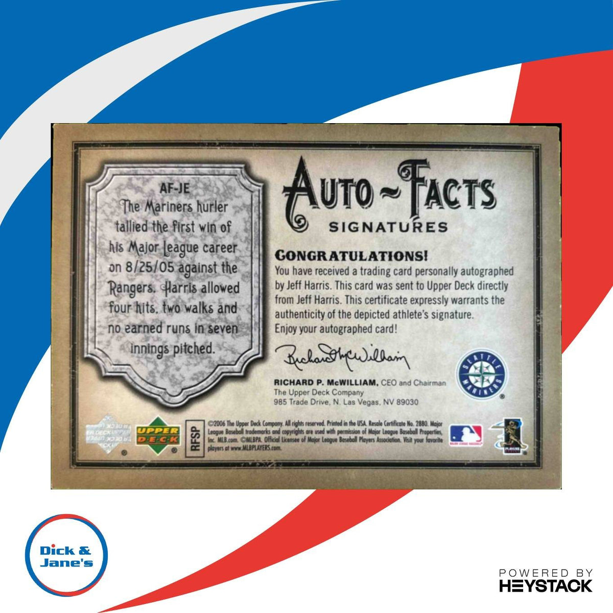 2006 Upper Deck Artifacts Jeff Harris Auto Facts Signatures /800 RC Mariners