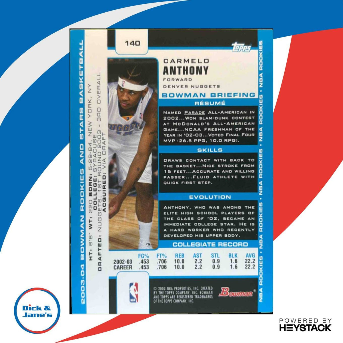 2003-04 Bowman Rookies & Stars Carmelo Anthony #140 RC Denver Nuggets Rookie HOF