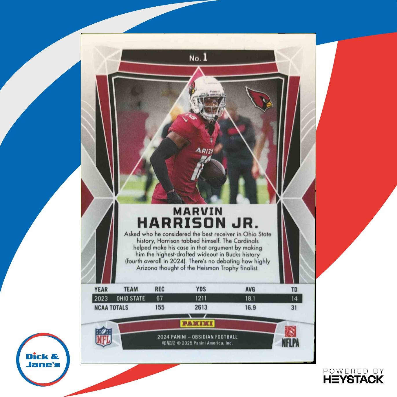 2024 Panini Obsidian Marvin Harrison Jr Blue Wave International #1 RC Arizona