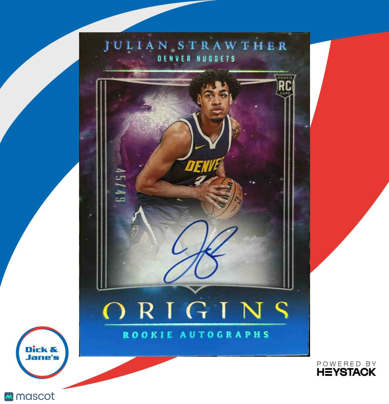 2023-24 Julian Strawther Rookie Autographs Blue 45/49 #RA-JSO RC Denver Nuggets