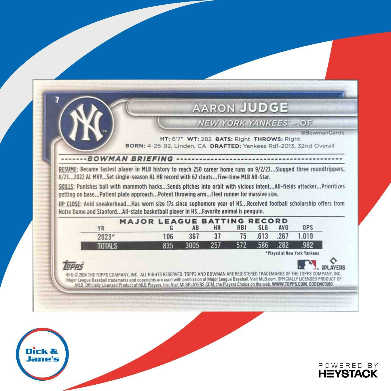 2024 Bowman Aaron Judge Purple Pattern 180/199 #7 New York Yankees