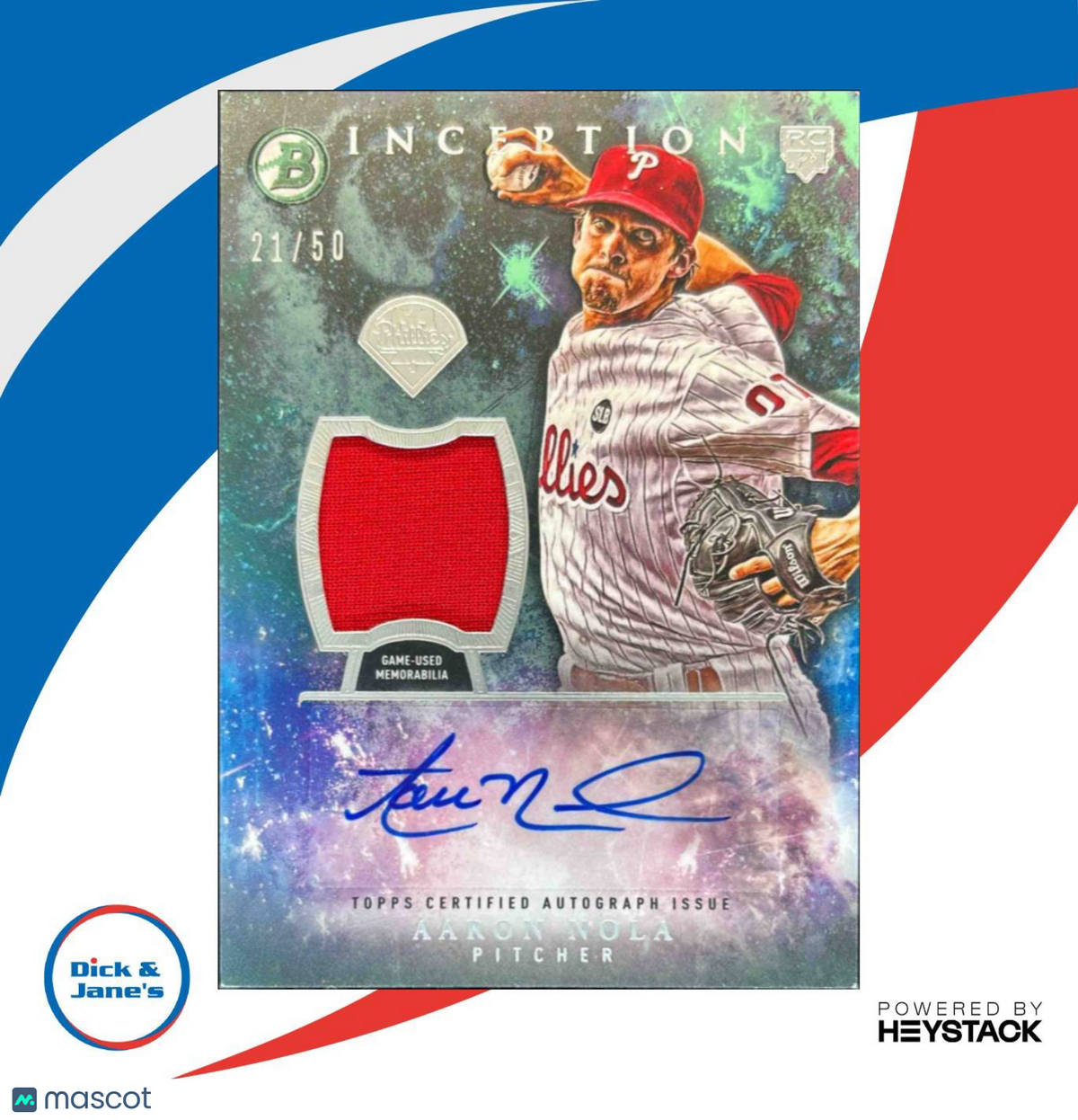 2016 Bowman Inception Aaron Nola Relic Auto Green /50 RC Philadelphia Phillies