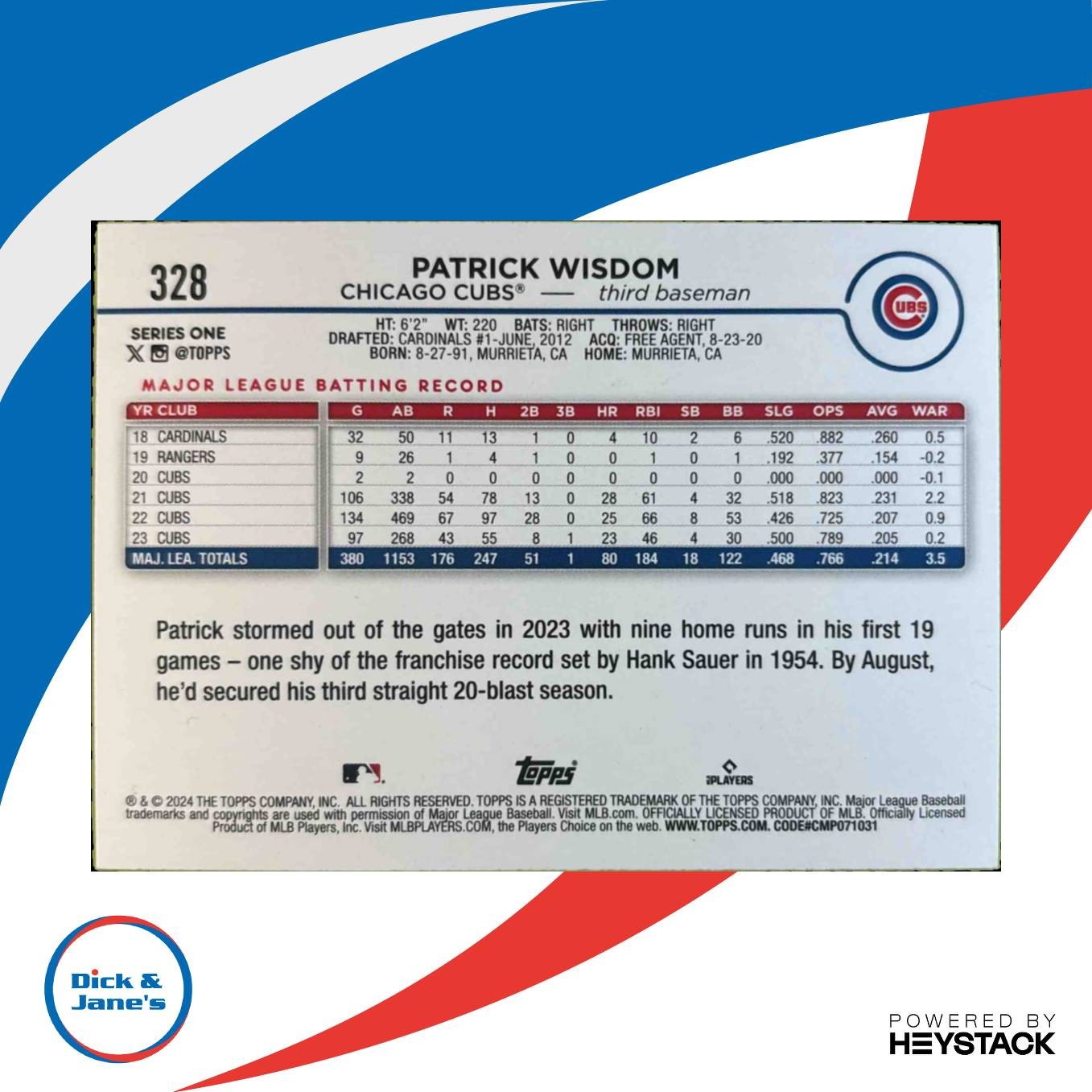2024 Topps Patrick Wisdom True Photo Variation #328 Chicago Cubs