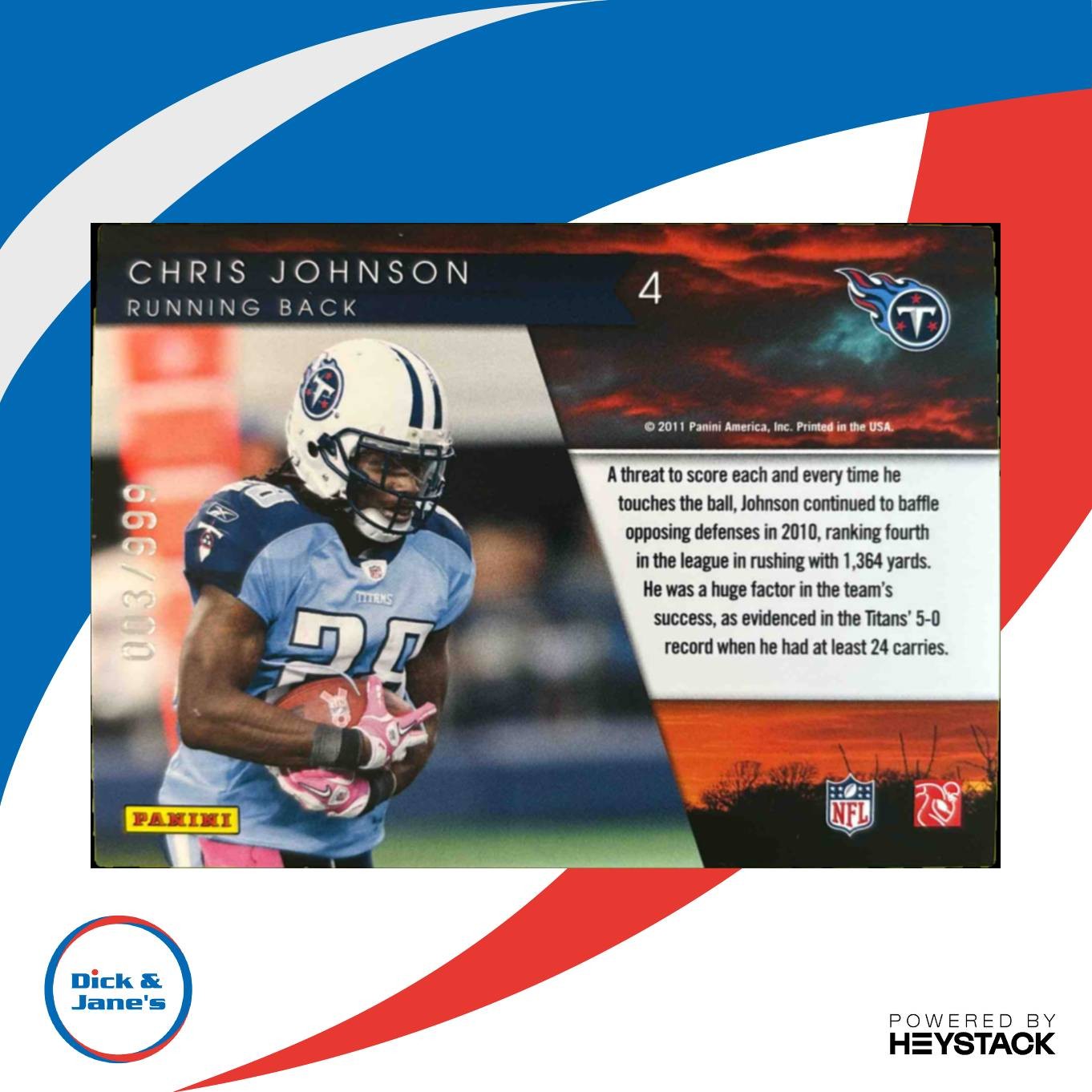 2011 Panini Donruss Elite Chris Johnson Legends of the Fall Gold /999 #4 Titans