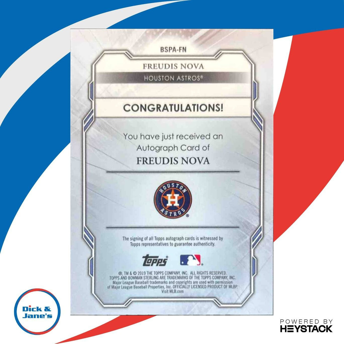 2019 Bowman Sterling Freudis Nova Prospect & Rookie Auto #BSPA-FN Houston Astros