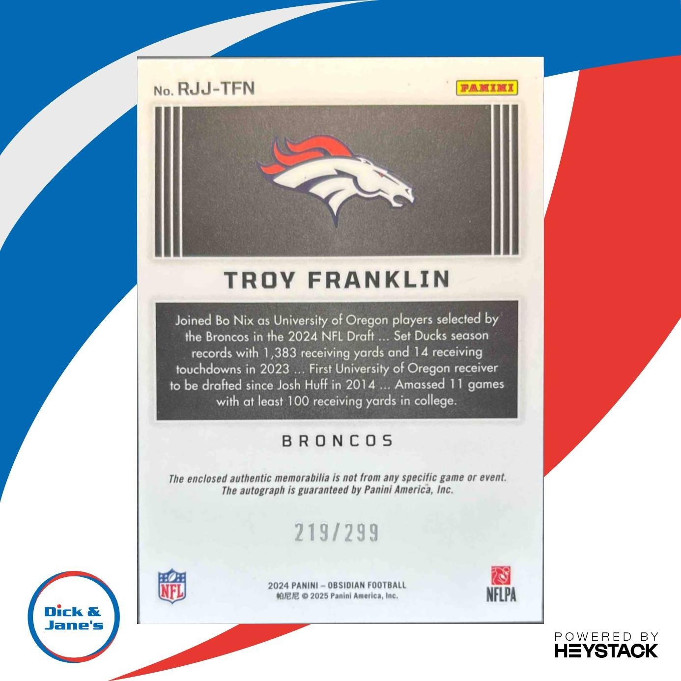 2024 Panini Obsidian Troy Franklin Rookie Jumbo Jersey Auto 219/299 Broncos