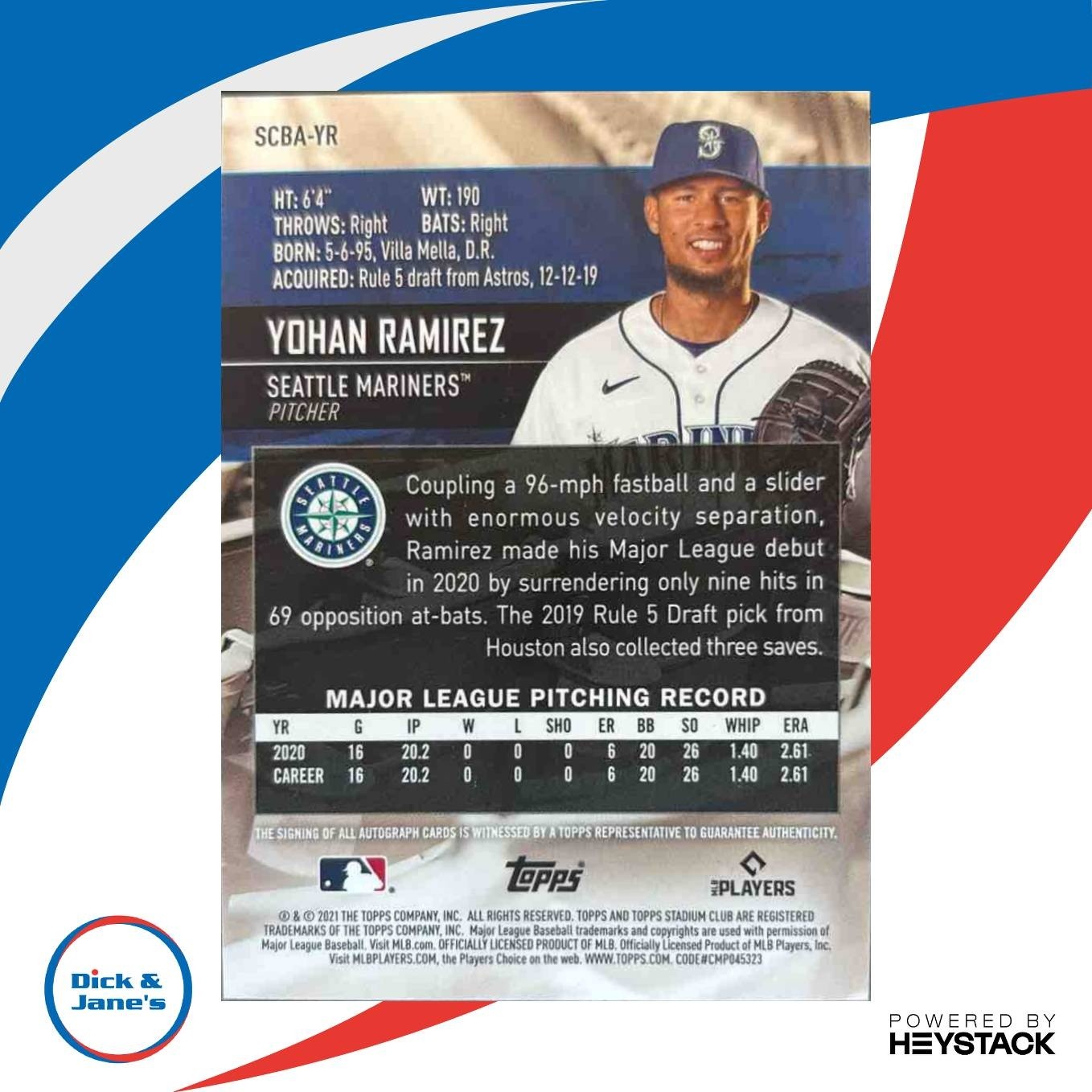 2021 Topps Stadium Club Yohan Ramirez Auto #SCBA-YR RC Seattle Mariners