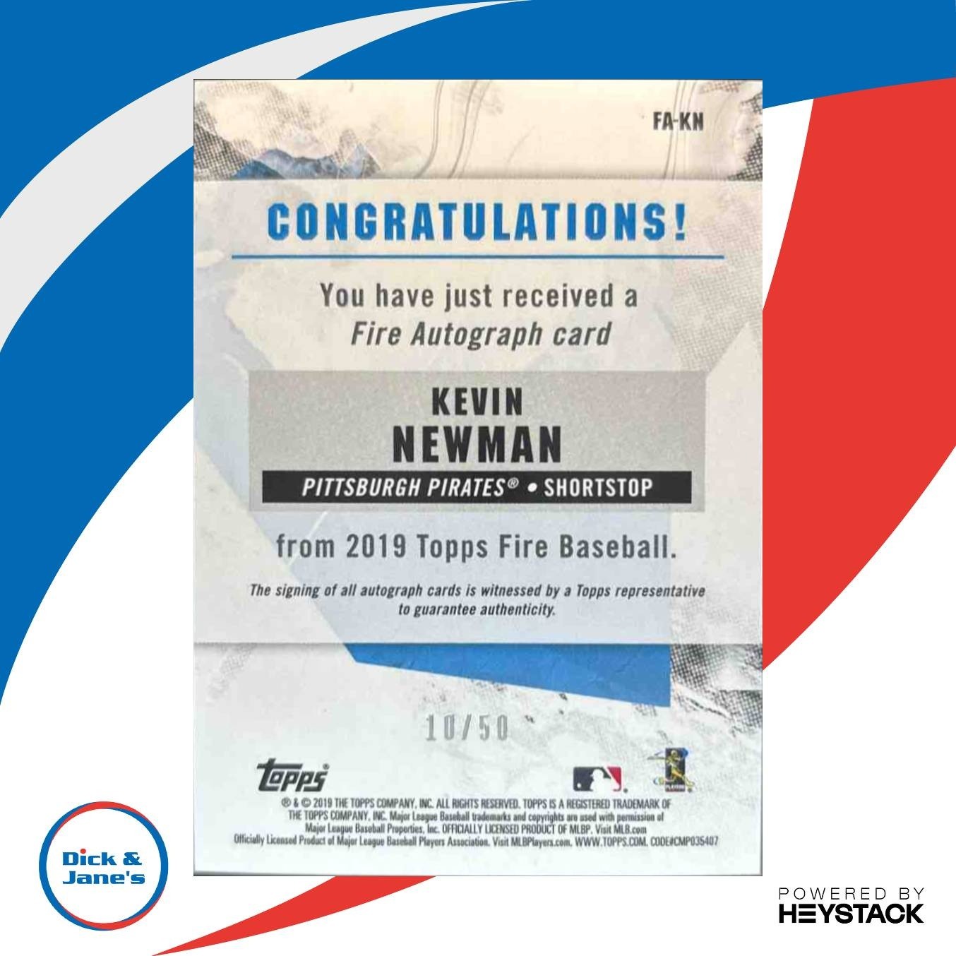 2019 Topps Fire Kevin Newman Auto Purple 10/50 #FA-KN RC Pittsburgh Pirates
