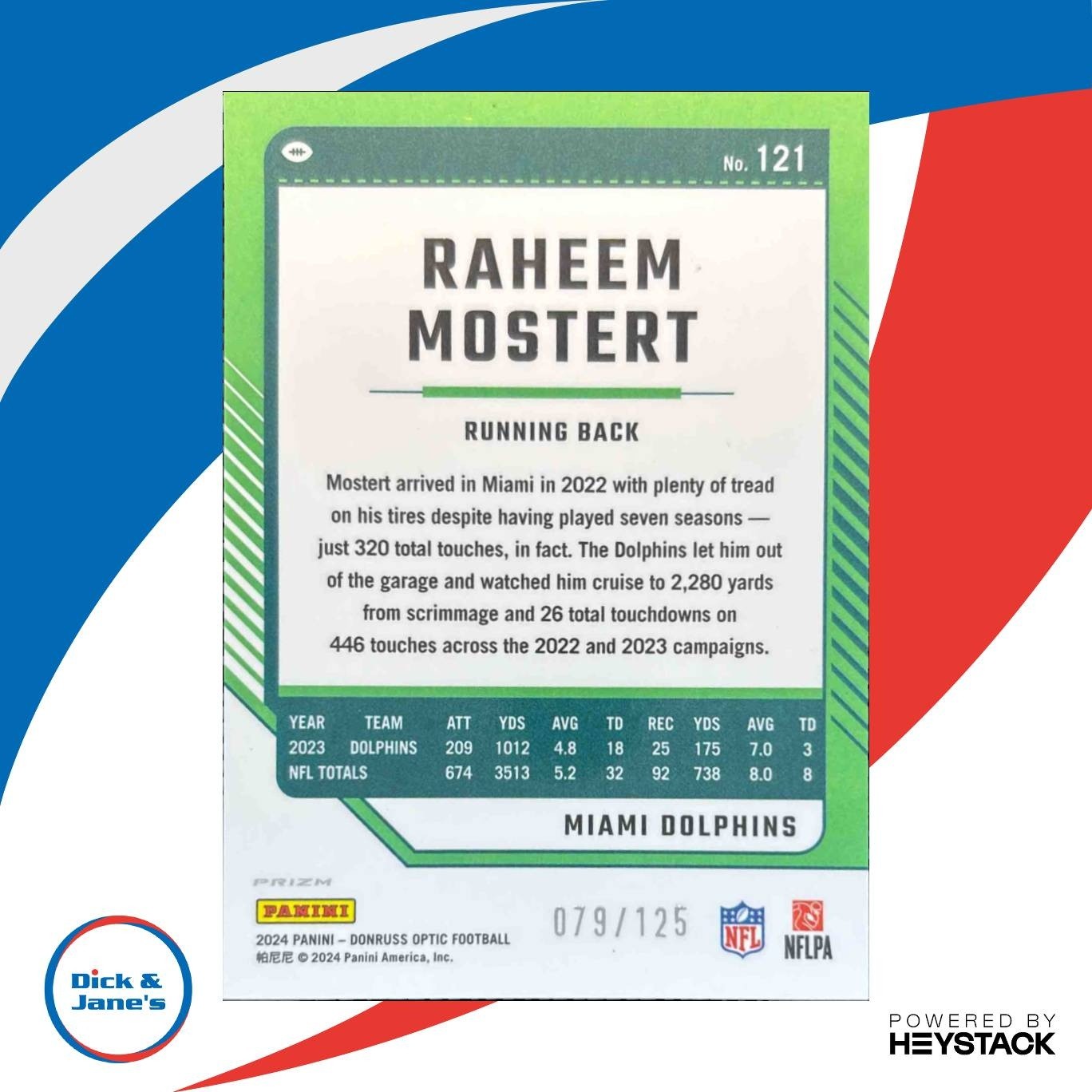 2024 Panini Donruss Optic Raheem Mostert Red 79/125 #121 Miami Dolphins