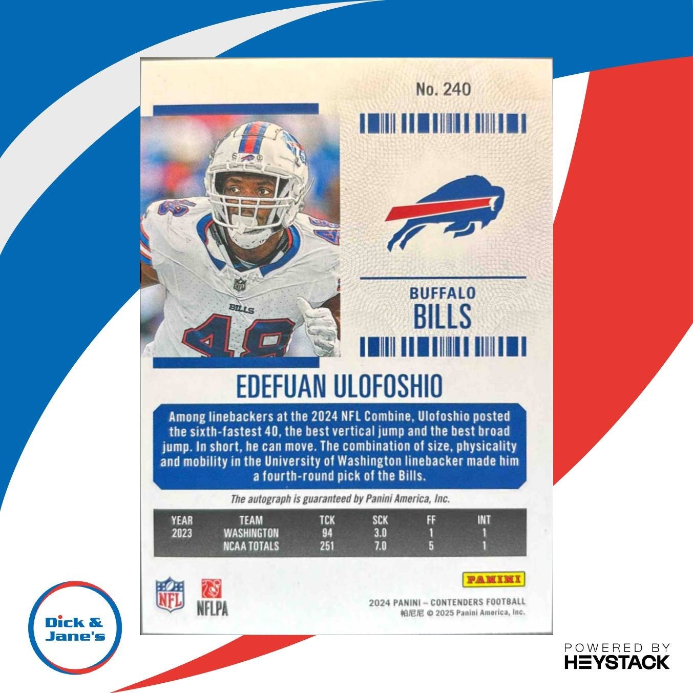 2024 Panini Contenders Edefuan Ulofoshio Rookie Auto Midfield /50 #240 Bills