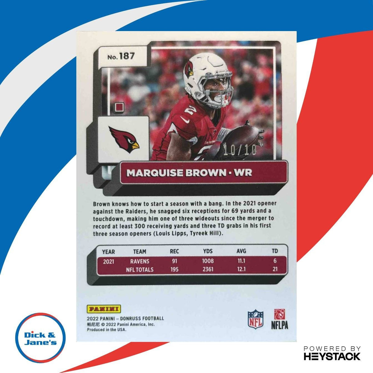 2022 Panini Donruss Marquise Brown Black Press Proof /10 #187 Arizona Cardinals
