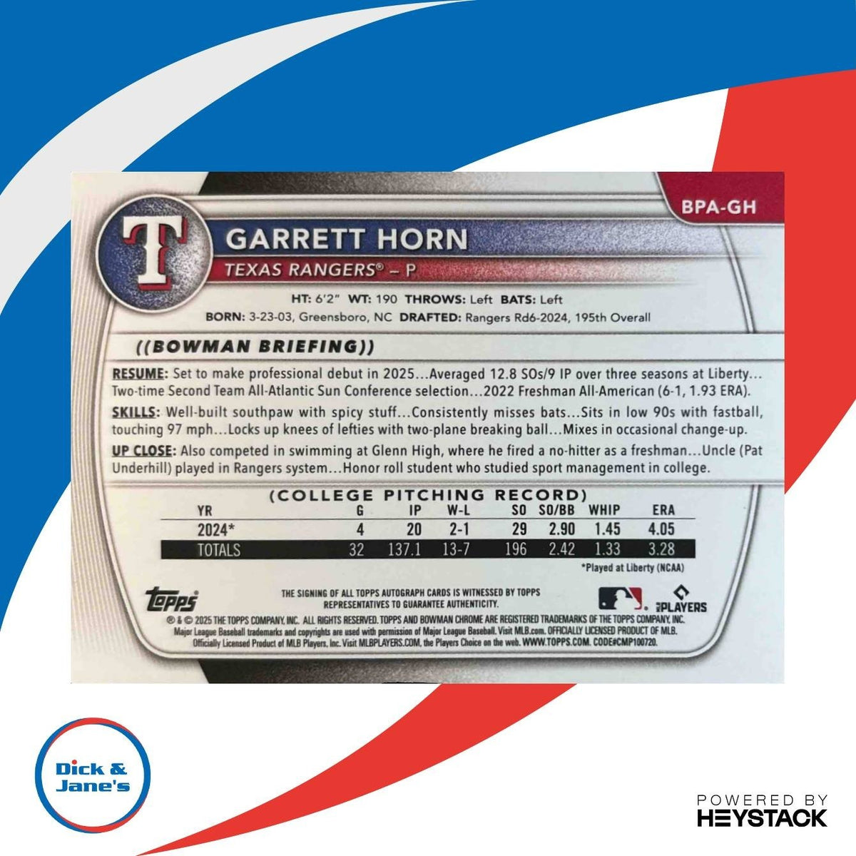 2025 Bowman Garrett Horn Auto Purple Border 93/250 1st Prospect Texas Rangers