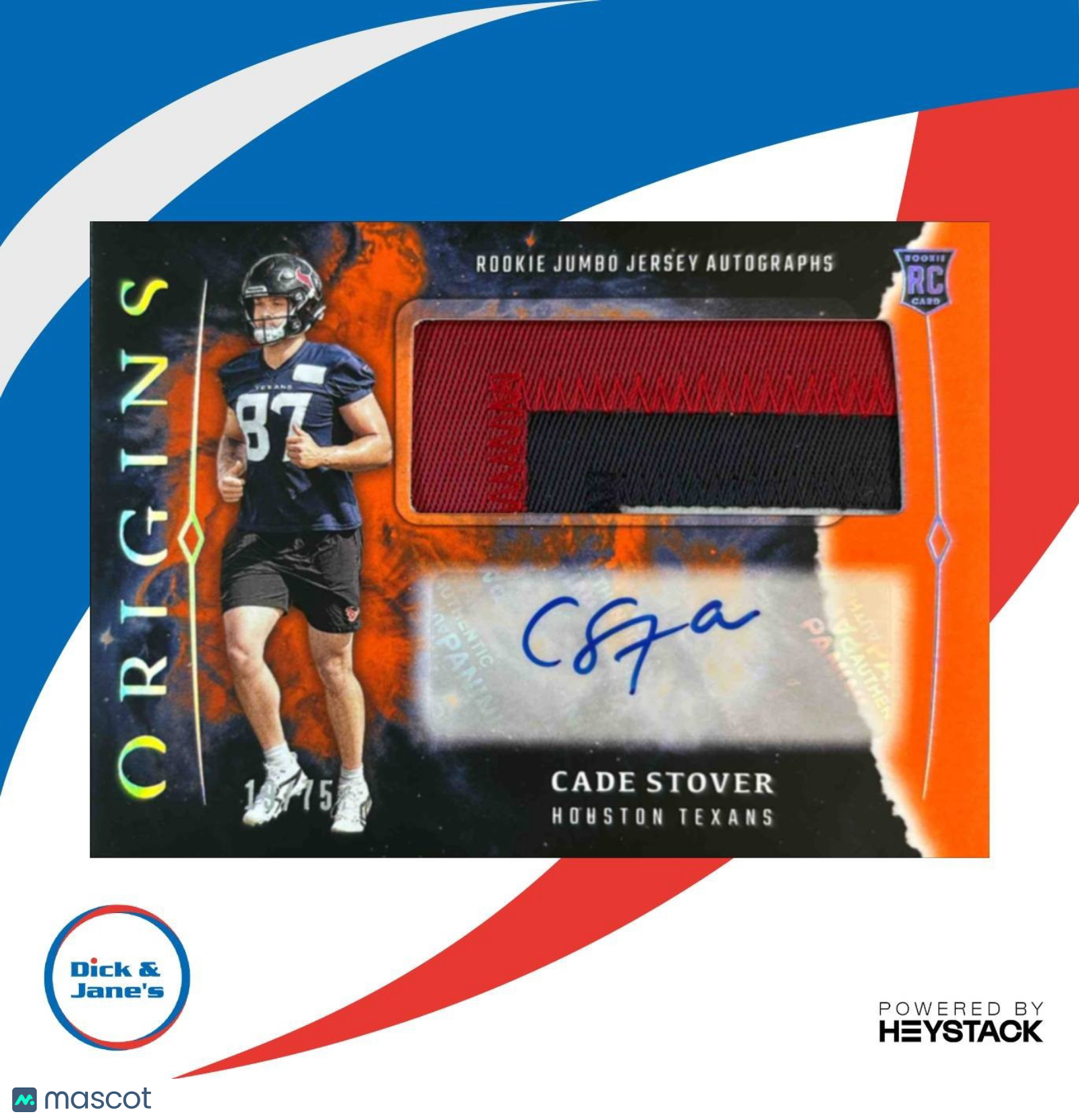 2024 Origins Cade Stover Rookie Jumbo Jersey Auto Orange Patch /75 Texans