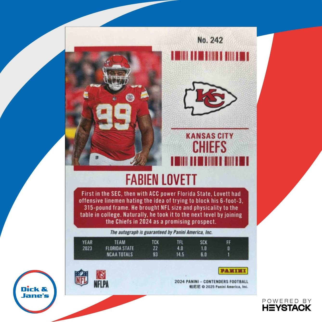 2024 Contenders Fabien Lovett Rookie Ticket Auto Opening Kickoff #242 RC Chiefs