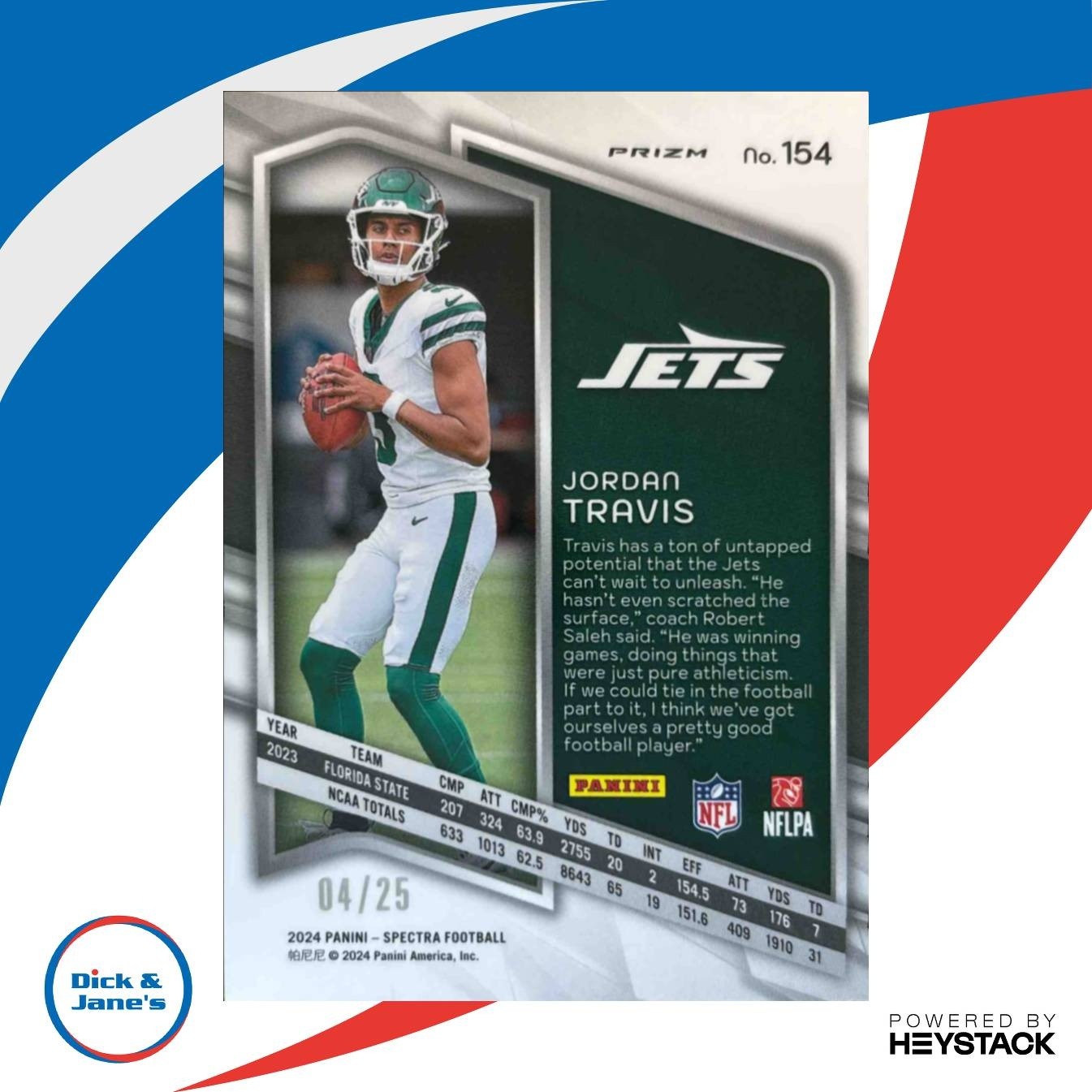 2024 Panini Spectra Jordan Travis Rookies Meta 4/25 #154 RC New York Jets