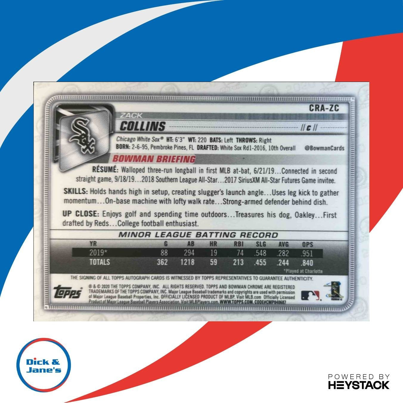 2020 Bowman Chrome Zack Collins Rookie Auto Blue Refractor 106/150 White Sox