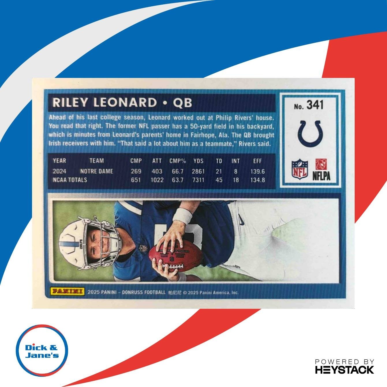 2025 Donruss Riley Leonard Press Proof Purple #341 RC Indianapolis Colts